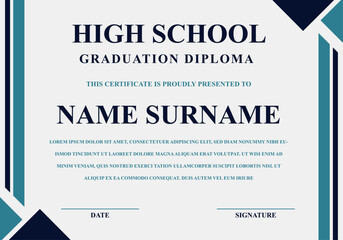 High school graduation diploma template featuring geometric borders and formal typography for certificates, student achievements, and educational recognition