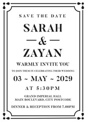 Wedding invitation card template with save the date layout and decorative borders for marriage ceremonies, formal celebrations, and anniversary events