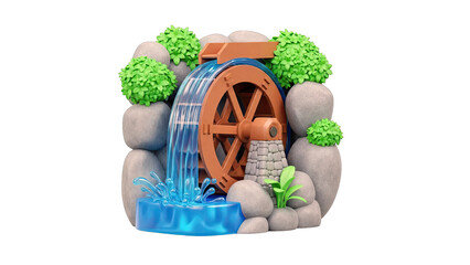 Cartoon Water Wheel with Rocks and Greenery