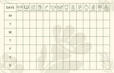 Habit tracker horizontal template featuring daily icons for workout, reading, journaling, and water intake for weekly lifestyle planning and digital journal or social media use