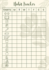 Habit tracker template featuring weekly icons for gym, reading, study, and diet to track goals and routines for wellness, lifestyle planning, and digital journals.