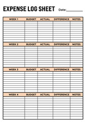 Expense logs sheet template featuring organized sections for budget, expenses, and notes, perfect for personal finance tracking and printable planner page,finance tracker sheet