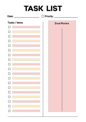 Task list template featuring sections with checkboxes for priority items, notes, and due dates for student planning, office tasks, and digital notebooks
