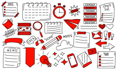 Hand drawn productivity doodle set featuring icons for to do lists, memos, calendars, and office supplies for digital journaling and social media posts
