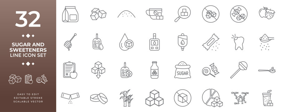 Sugar and sweeteners line icon set including vector symbols such as sugar cubes, honey, glucose meters, saccharin, candy, and healthy diet icons for medical and food projects