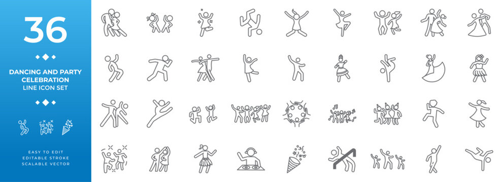 Dancing and party celebration line icon set featuring vector stroke symbols including club music, dj, and disco dancers, ideal for creative social media post design and apps.