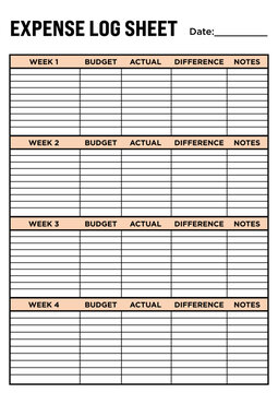 Expense logs sheet template featuring organized sections for budget, expenses, and notes, perfect for personal finance tracking and printable planner page,finance tracker sheet