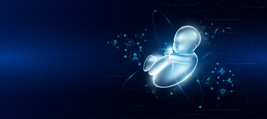 Health care medical. Embryo hologram transparent in the ring line with icon digital medical technology. On dark blue background. Science banner vector.
