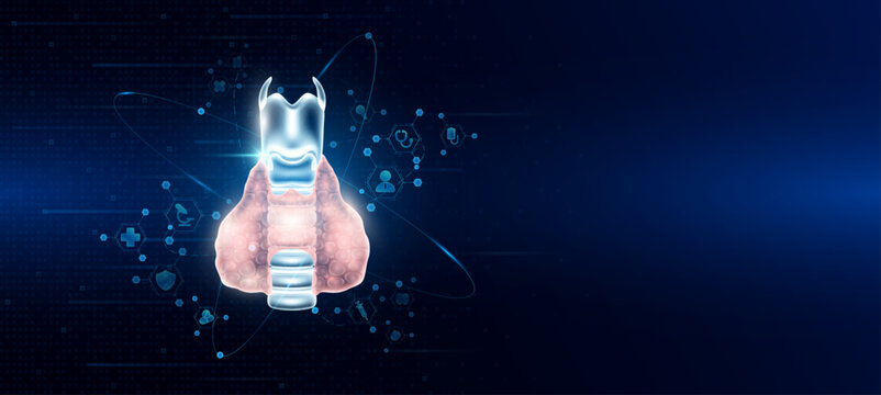 Health care medical. Human thyroid organ hologram transparent in the ring line with icon digital medical technology. On dark blue background. Science banner vector.
