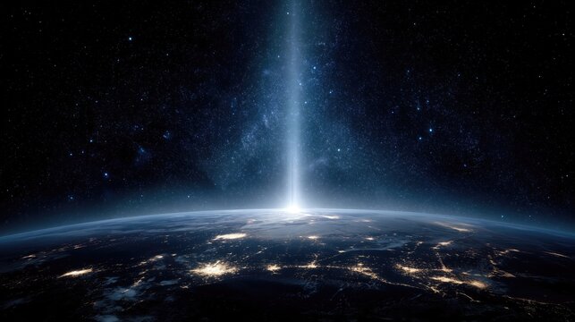 `Futuristic Technology Visual for Business Growth, a vertical beam of brilliant light ascends from Earth's night side horizon into the starry cosmos.` - Powered by Adobe