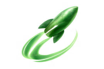 Green leaf rocket launching with dynamic bio-fuel trail, symbolizing eco-friendly energy and sustainable future innovation