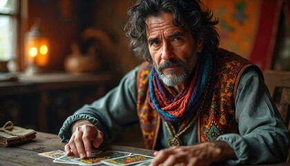 Elderly man with mustache, wearing patterned vest and colorful scarf, reads tarot cards on wooden table. Fortune teller consults future using mystic deck of cards. He gazes intently at viewer.