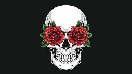 Skull With Red Roses Graphic Illustration On Black Background.