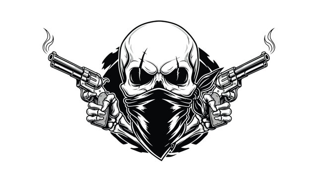 Skull With Bandana And Dual Pistols Illustration.