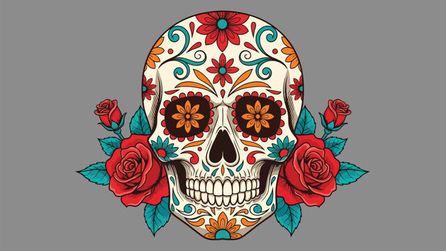 Colorful Sugar Skull with Red Roses Floral Portrait.
