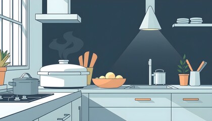 Modern cozy kitchen interior with cooking elements and soft lighting best for home decor concepts, lifestyle visuals, and interior design