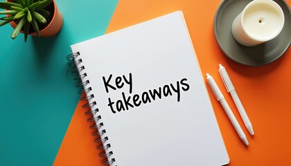 White spiral notebook labeled Key Takeaways with two pens, potted plant on colorful desk. White candle sits in grey dish nearby. Overhead shot provides clean, organized workspace ideal for planning