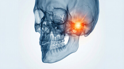 Temporomandibular Joint Pain, A Detailed 3D Medical Illustration of a Human Skull Highlighting Jaw Discomfort, Showing the Affected Joint