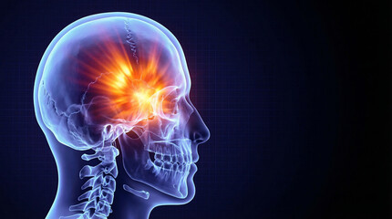 Migraine Headache Pain Illuminating a Human Brain, a Vivid Medical Illustration on a Dark Grid Background, showing the Human Head in Profile.