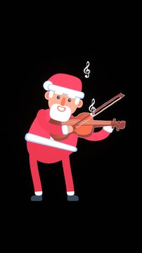2d animation of Santa Claus playing on violin, video with alpha channel transparent background