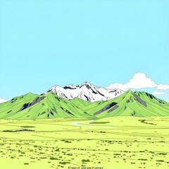 Wide green valley landscape with distant mountain range and open sky best for nature backgrounds, environmental design, and scenic illustrations