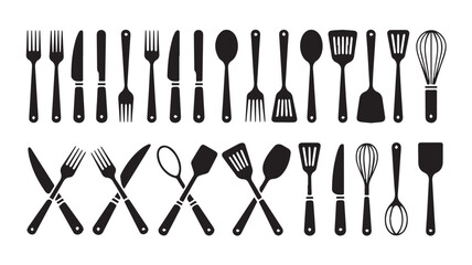 An overhead view of various kitchen utensils arranged neatly on a white background, featuring a collection of black silhouetted cutlery and cooking tools