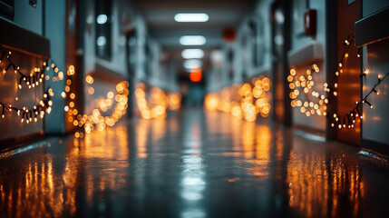 Obraz premium Holiday season hallway adorned with festive lights, ideal for holiday marketing materials, greeting cards, and seasonal social media posts.