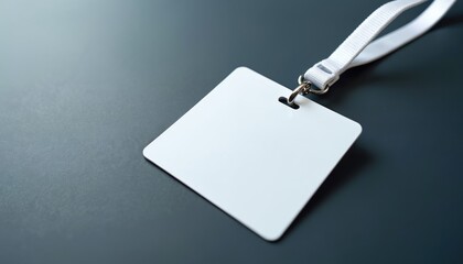 Blank white identification card with lanyard on dark surface. Empty name tag ready for personalization. Useful for events, access control, or visitor passes.