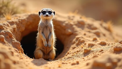 Meerkat stands alert by its burrow entrance in a sandy desert environment. It watches surroundings with curious eyes. A small mammal known for its social behavior and survival skills.