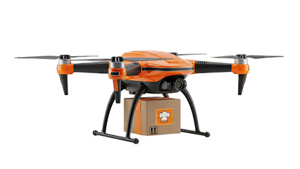 Orange delivery drone carrying a food package with chef hat icon