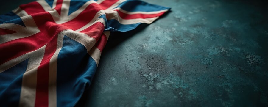 Wrinkled Union Jack flag rests on textured dark blue surface. British symbol conveys national pride and remembrance. Red white blue fabric detail.