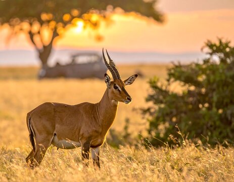 Gazelle at sunset, grassy plains, tree in background