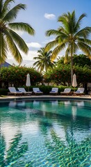 Tranquil Poolside Oasis - Palm Trees and Serene Waters.