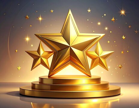 Gleaming gold stars on a tiered platform, illuminated with soft light