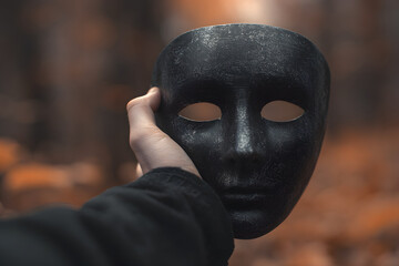 Close-up of a human hand holding a smiling theatrical mask symbolizing hidden sadness and emotional duality