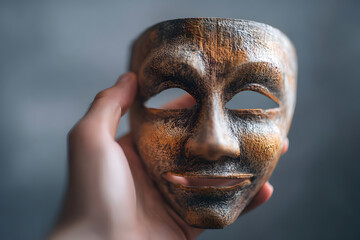 Close-up of a human hand holding a smiling theatrical mask symbolizing hidden sadness and emotional duality
