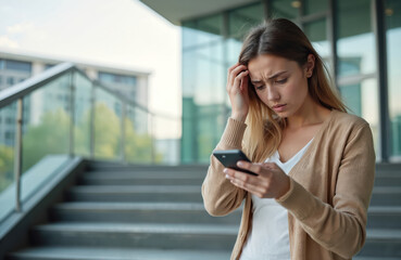 Young woman receives bad news on phone outside business center. Girl feels stressed and anxious, touching her head. She reads upsetting text message on smartphone.