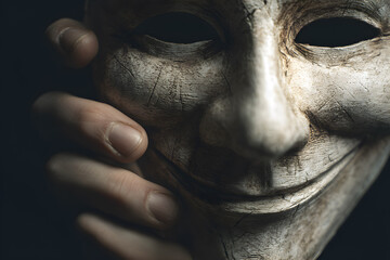 Close-up of a human hand holding a smiling theatrical mask symbolizing hidden sadness and emotional duality