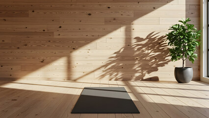 Fototapeta premium Serene interior with yoga mat and potted plant on wooden floor