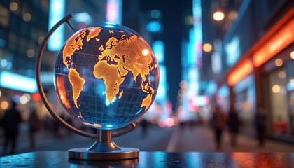 Digital globe lights up showing continents on blurred city street background at night. World map hologram glows blue and orange with bokeh lights suggesting global business.
