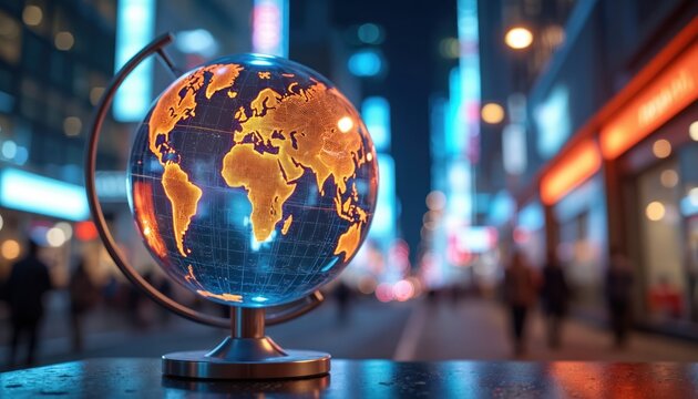 Digital globe lights up showing continents on blurred city street background at night. World map hologram glows blue and orange with bokeh lights suggesting global business. - Powered by Adobe