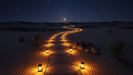 Peaceful desert pathway under starry night sky