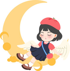 A young girl with wings resting on a crescent moon surrounded by apples in a serene illustration