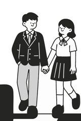 Fototapeta premium Simple line art of friendly students. School uniforms. Monochrome. Modern.