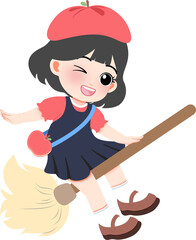 A young girl flying on a broomstick with a cheerful expression