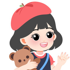 A young girl holding a teddy bear and waving, depicted in a digital illustration