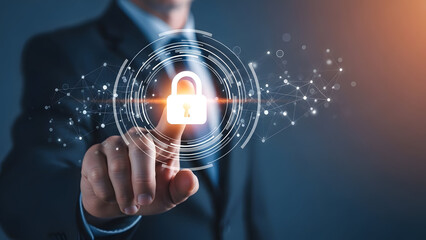 Businessman securing digital data with glowing padlock icon