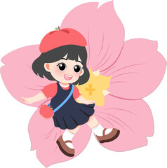 A young girl happily playing within a large pink flower illustration