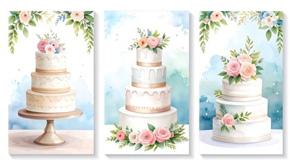 Watercolor illustrations depicting three tiered cakes adorned with flowers and greenery, set against a soft, colorful backdrop