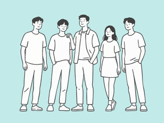 Simple illustration of a mixed-gender group of young friends. Students. Fun. Close-knit.